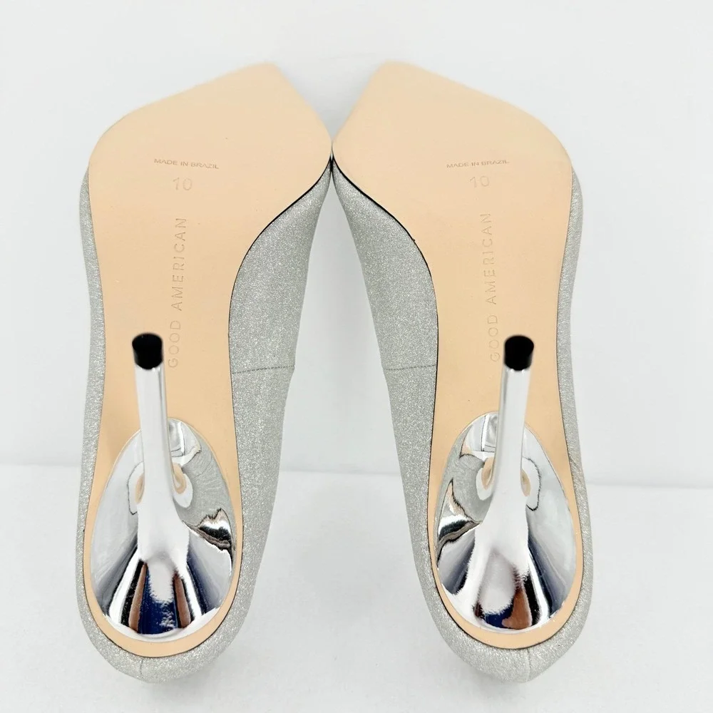 GOOD AMERICAN Emma Glitter Heel Silver Sparkly Pointed Toe Stiletto Size 10 NWOB